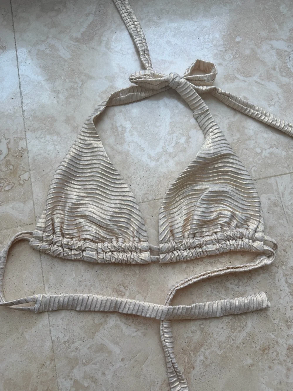 Luli Fama Cream Ribbed Halter Triangle Bikini Top